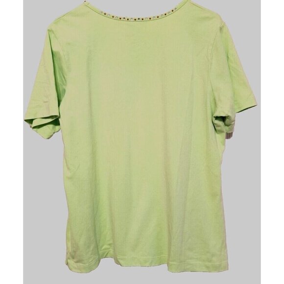 Quacker Factory L Light Lime Green Short Sleeve Shirt Rhinestone Flamingo - Picture 3 of 6